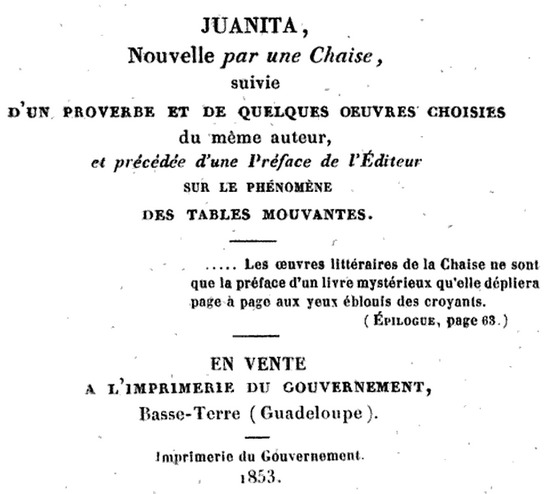 Announcement for a book: “Juanita, Nouvelle par une chaise”