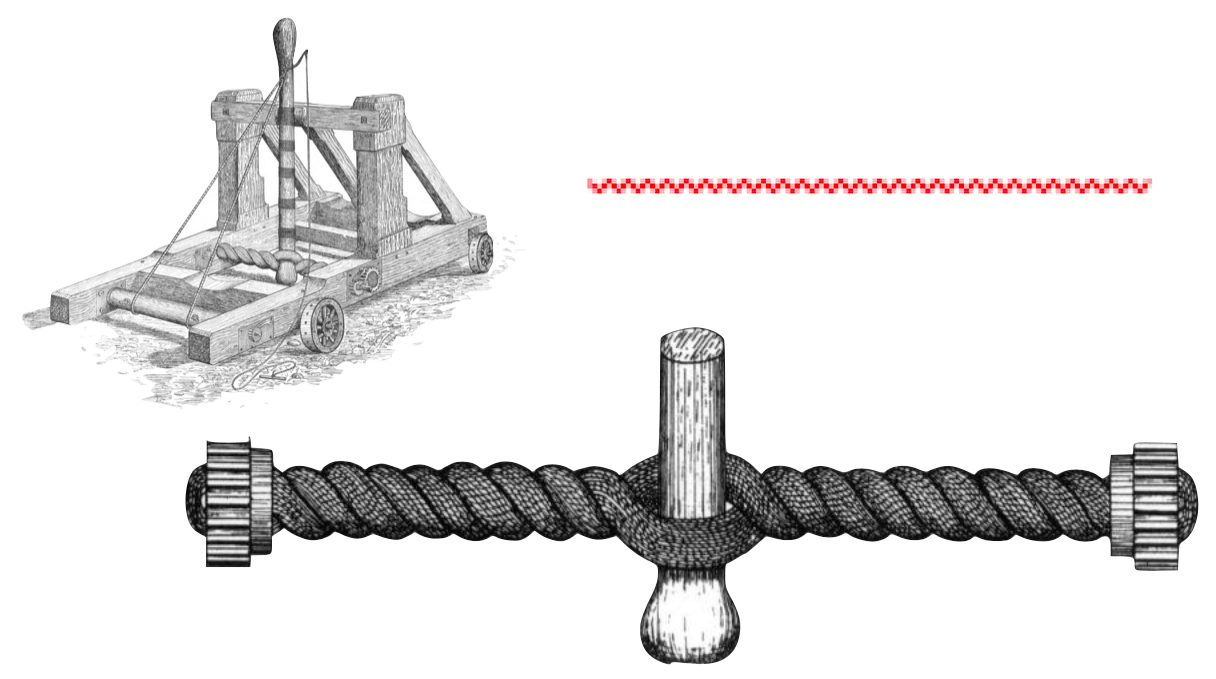 Montage: line drawing of a catapult, line drawing of a twisted catapult cord, zoomed in pixel image of a spell check underline