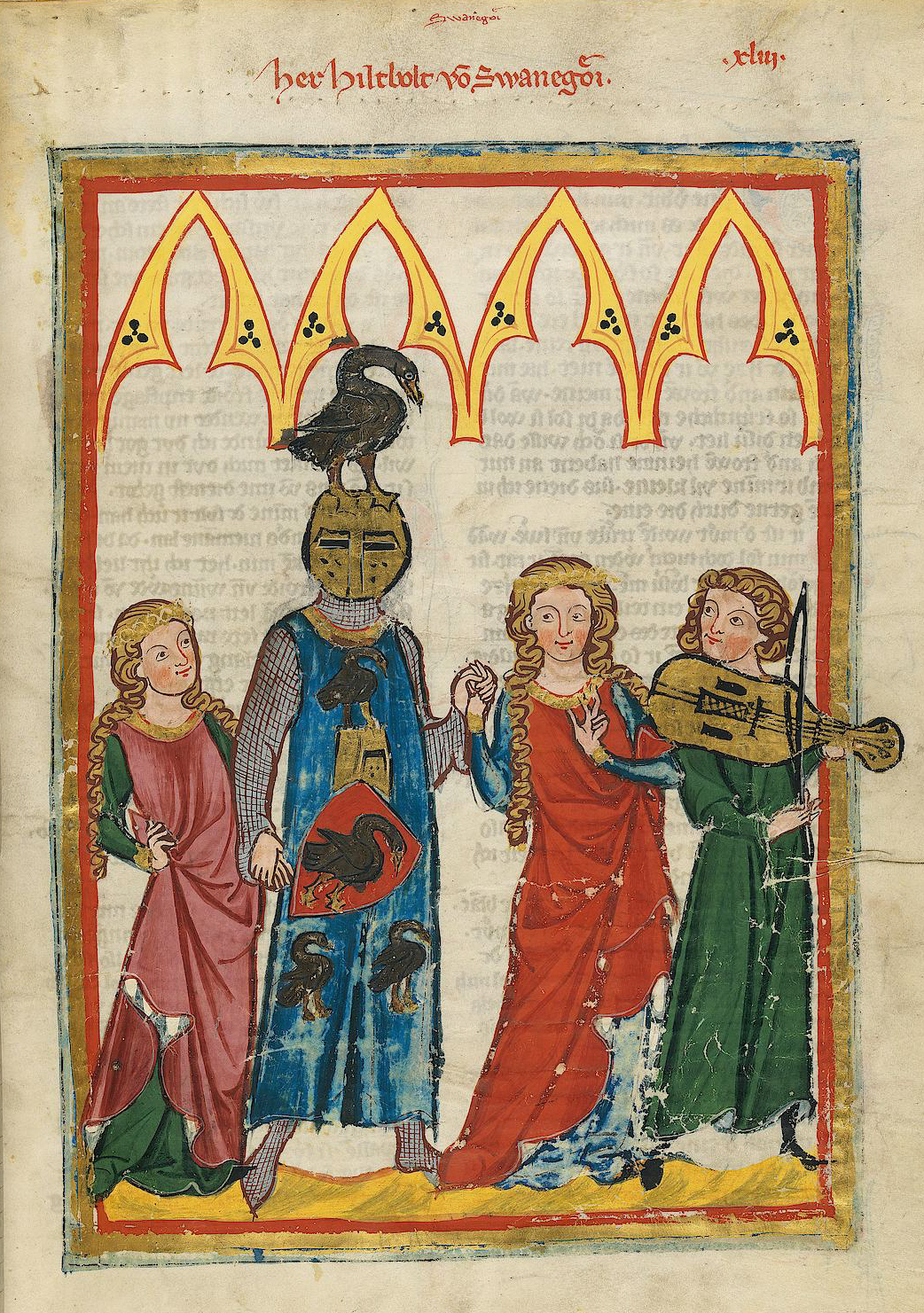Illustration from Codex Manesse, showing four figures, one with a goose on their head